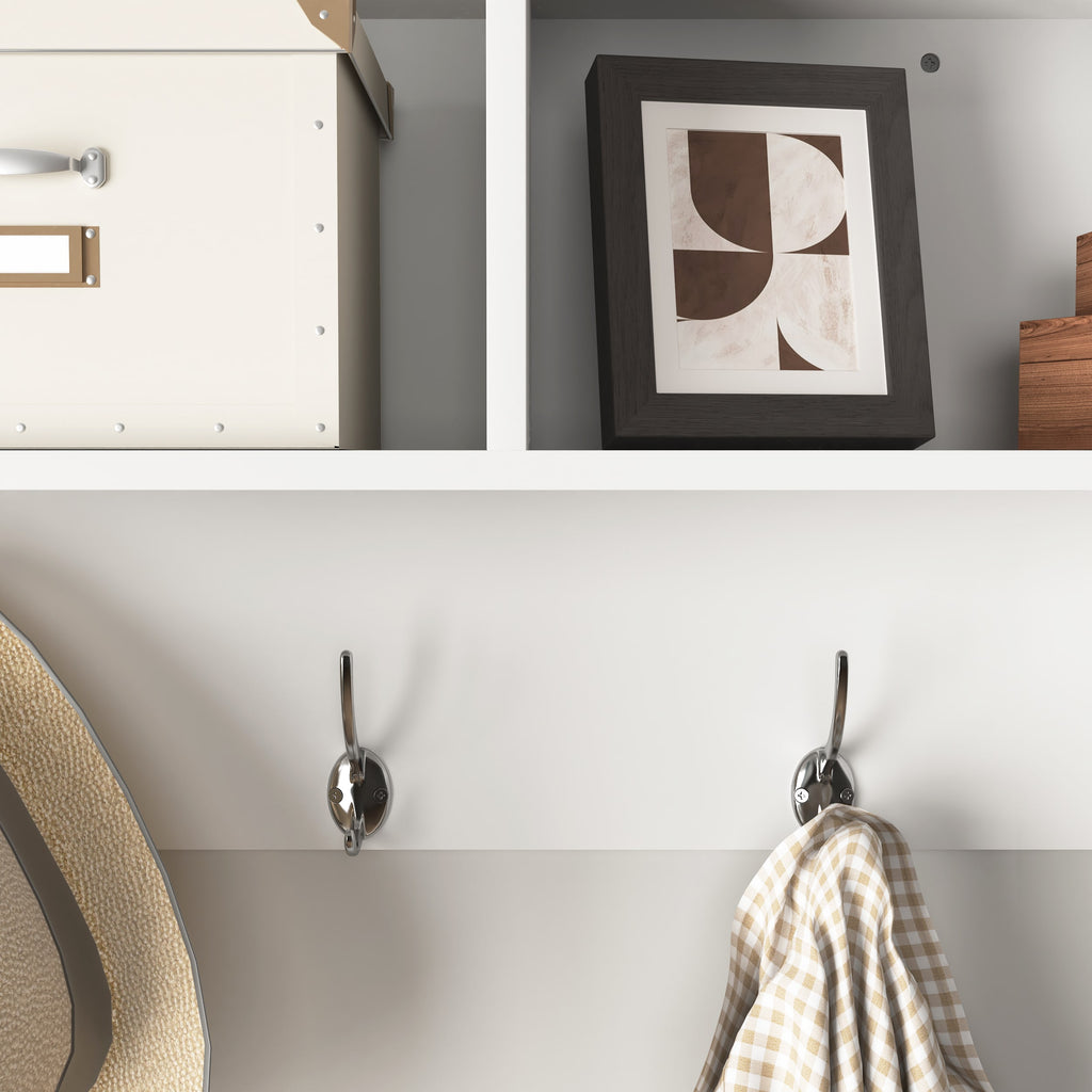 Dual hook detail on white wall mounted coat rack, view 3