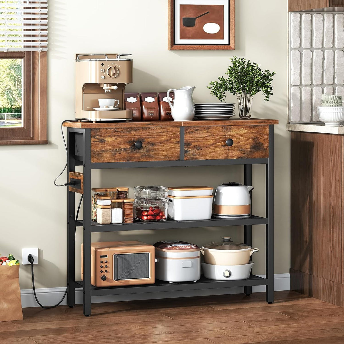 Console table with charging station styled in a kitchen corner with appliances plugged in