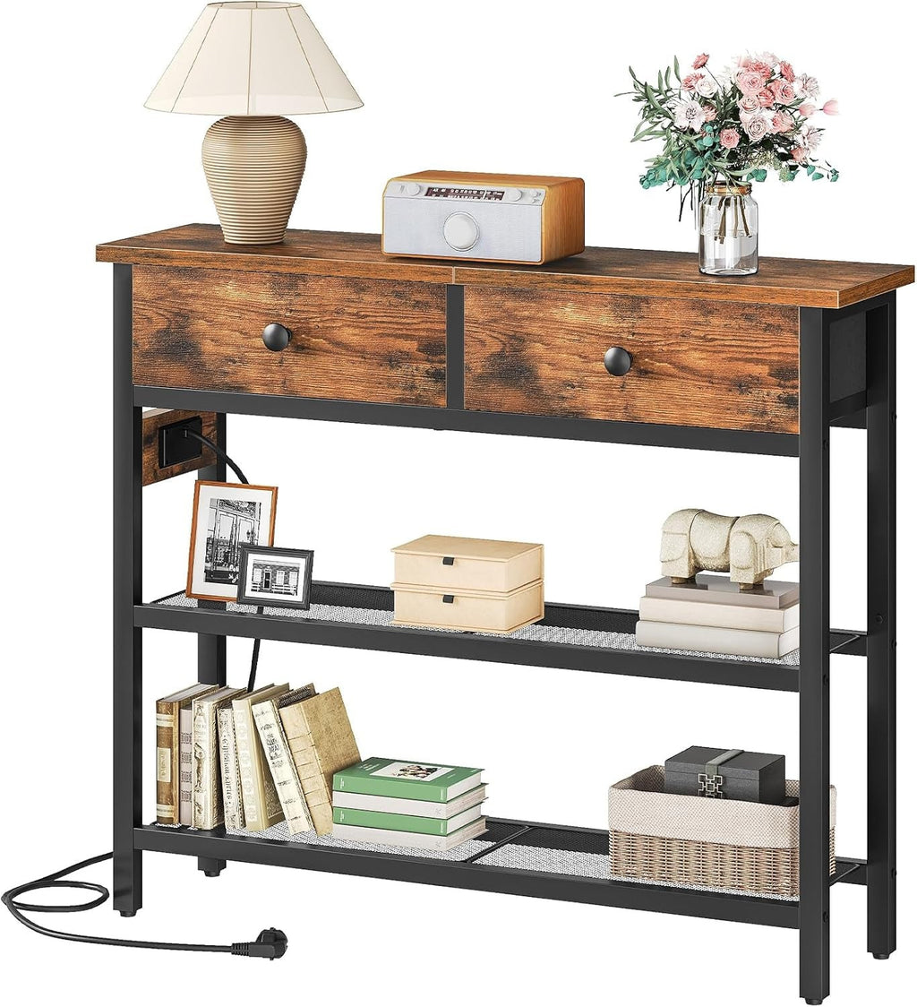 Side view showing the charging panel and plug on the narrow console table