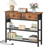 Side view showing the charging panel and plug on the narrow console table