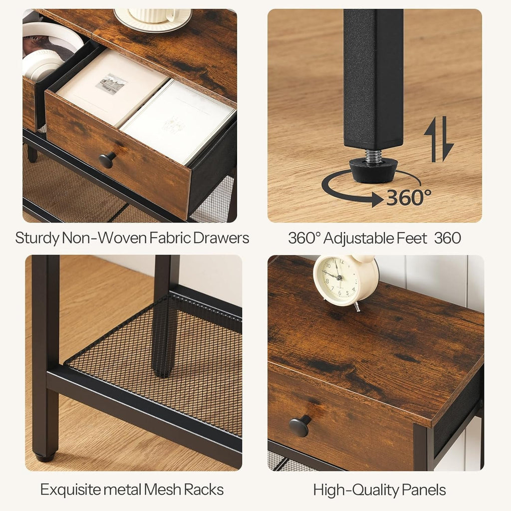 Detail grid: fabric drawers, 360 degree adjustable feet, metal mesh racks, panel finish