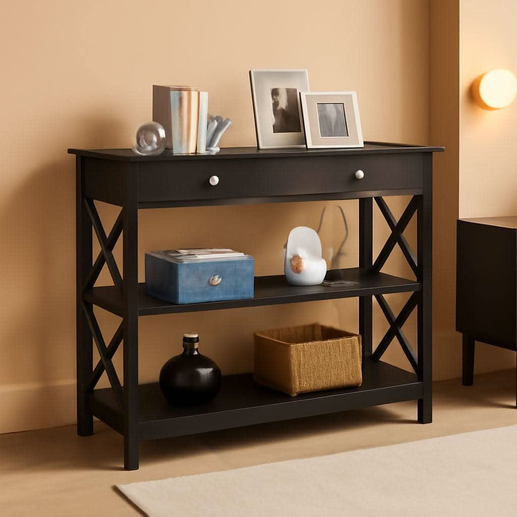 Stowena 39.5 inch black console table with drawer styled in an entryway