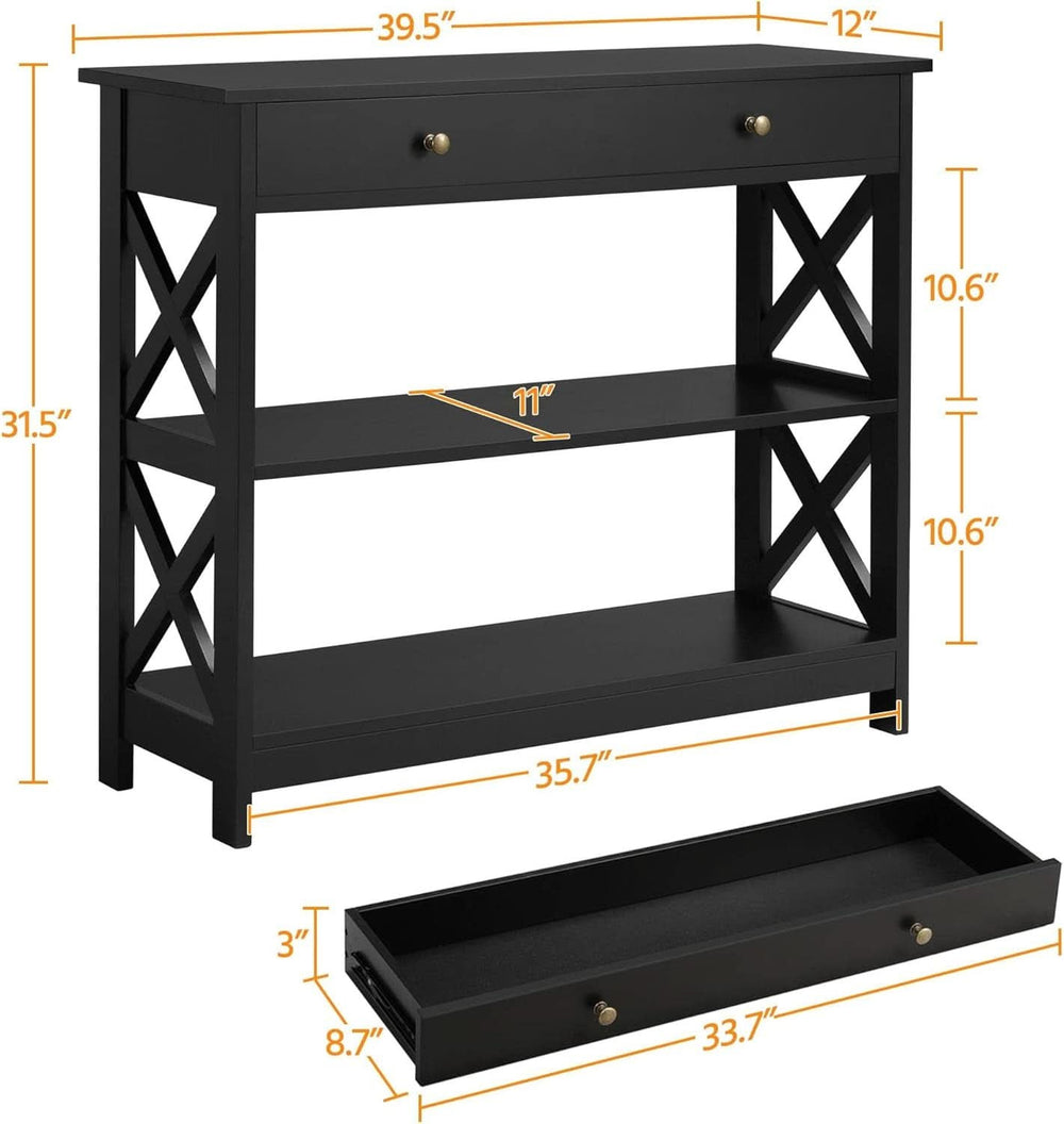 Dimension diagram: 39.5 in wide, 12 in deep, 31.5 in tall, 10.6 in between tiers, drawer 33.7 x 8.7 x 3 in