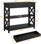 Dimension diagram: 39.5 in wide, 12 in deep, 31.5 in tall, 10.6 in between tiers, drawer 33.7 x 8.7 x 3 in