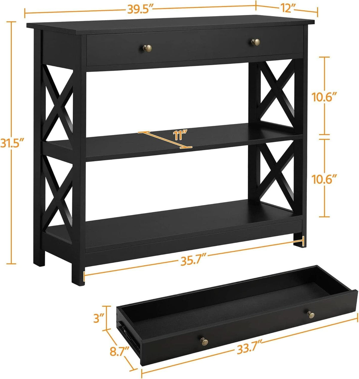 Dimension diagram: 39.5 in wide, 12 in deep, 31.5 in tall, 10.6 in between tiers, drawer 33.7 x 8.7 x 3 in