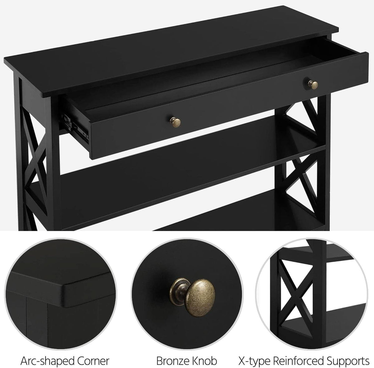 Drawer detail showing the arc shaped corner, bronze knob and X type reinforced supports