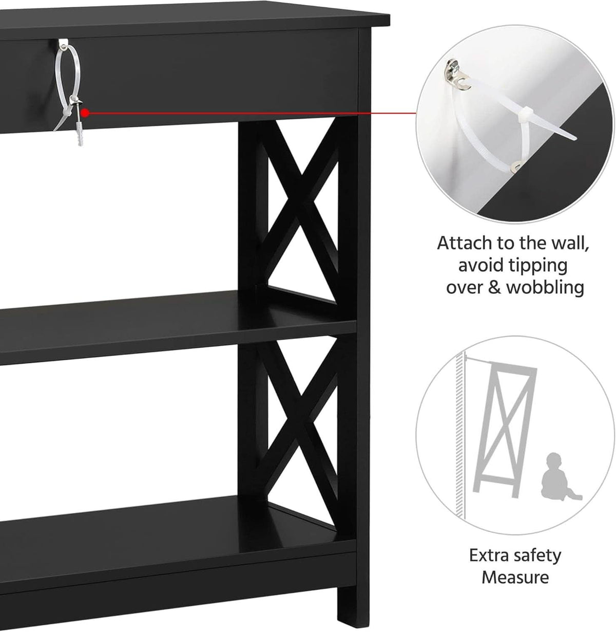 Anti tip wall attachment detail for the 3 tier entryway table