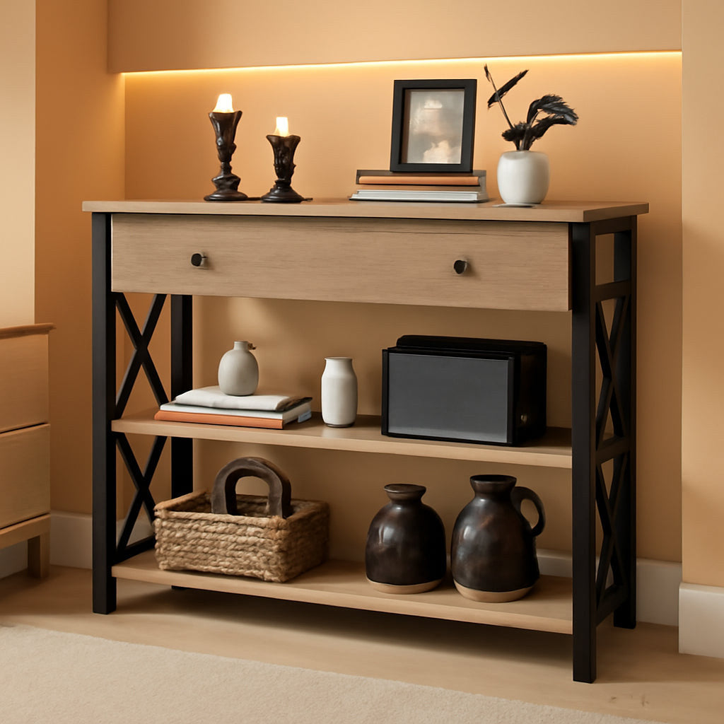 Stowena 39.5 inch gray console table with drawer styled with candles and books