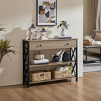 Gray 3 tier console table with drawer and baskets in a living room