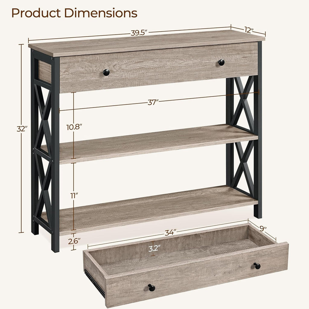 Dimension diagram: 39.5 in wide, 12 in deep, 32 in tall, drawer 34 x 9 x 3.2 in