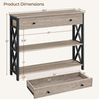Dimension diagram: 39.5 in wide, 12 in deep, 32 in tall, drawer 34 x 9 x 3.2 in