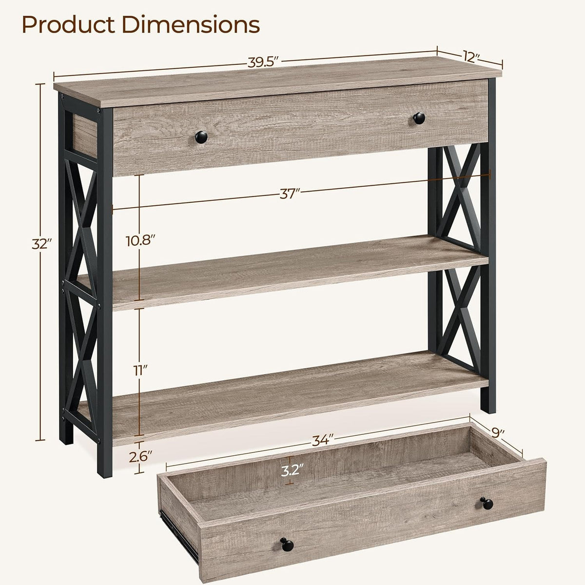 Dimension diagram: 39.5 in wide, 12 in deep, 32 in tall, drawer 34 x 9 x 3.2 in