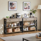 Two tier open shelves on the gray console table holding books and baskets
