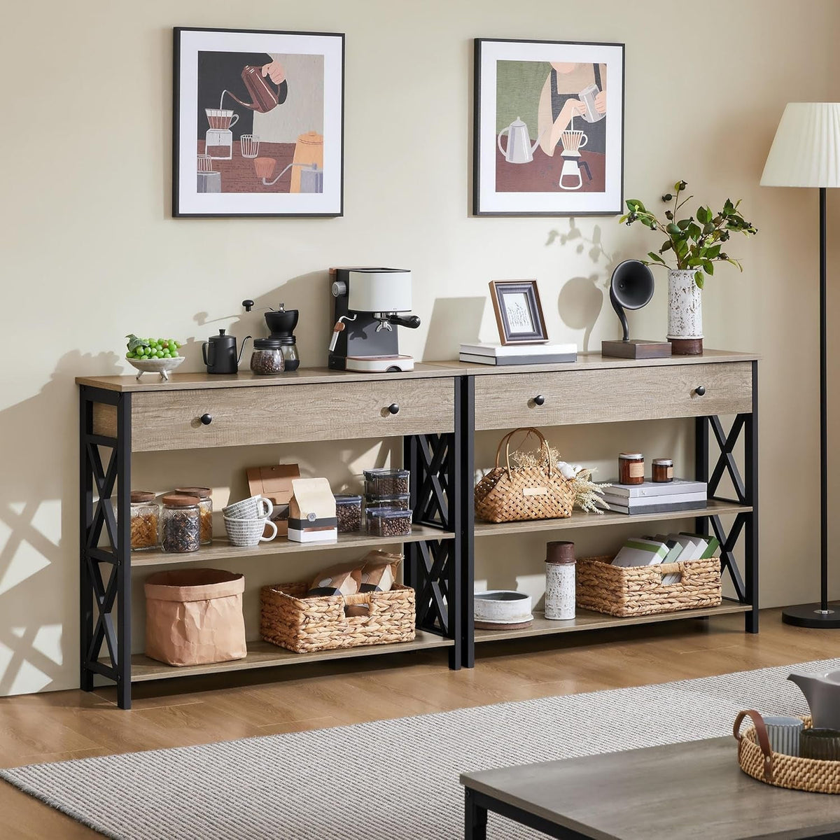 Two tier open shelves on the gray console table holding books and baskets