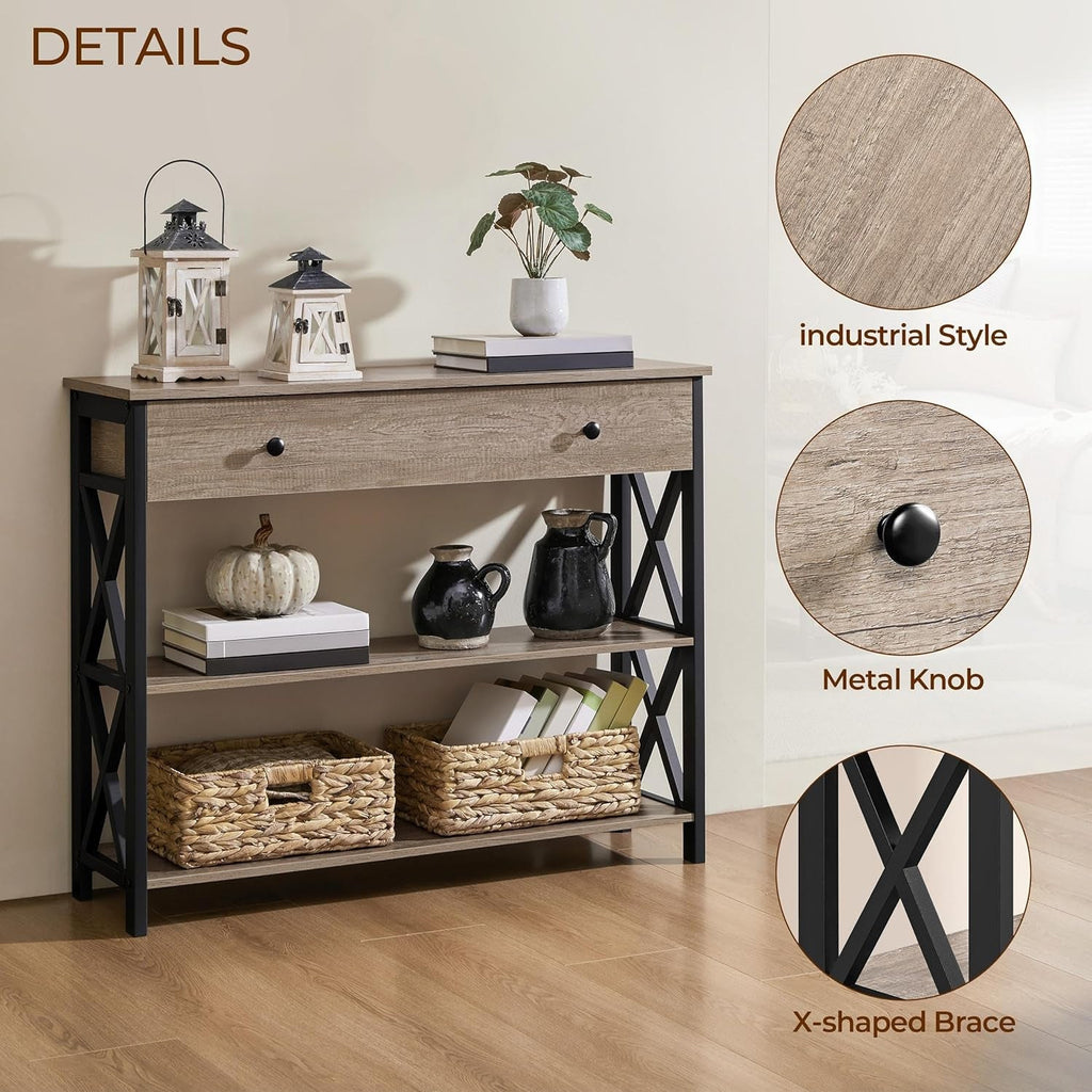 Detail circles: industrial style finish, metal knob, X shaped brace