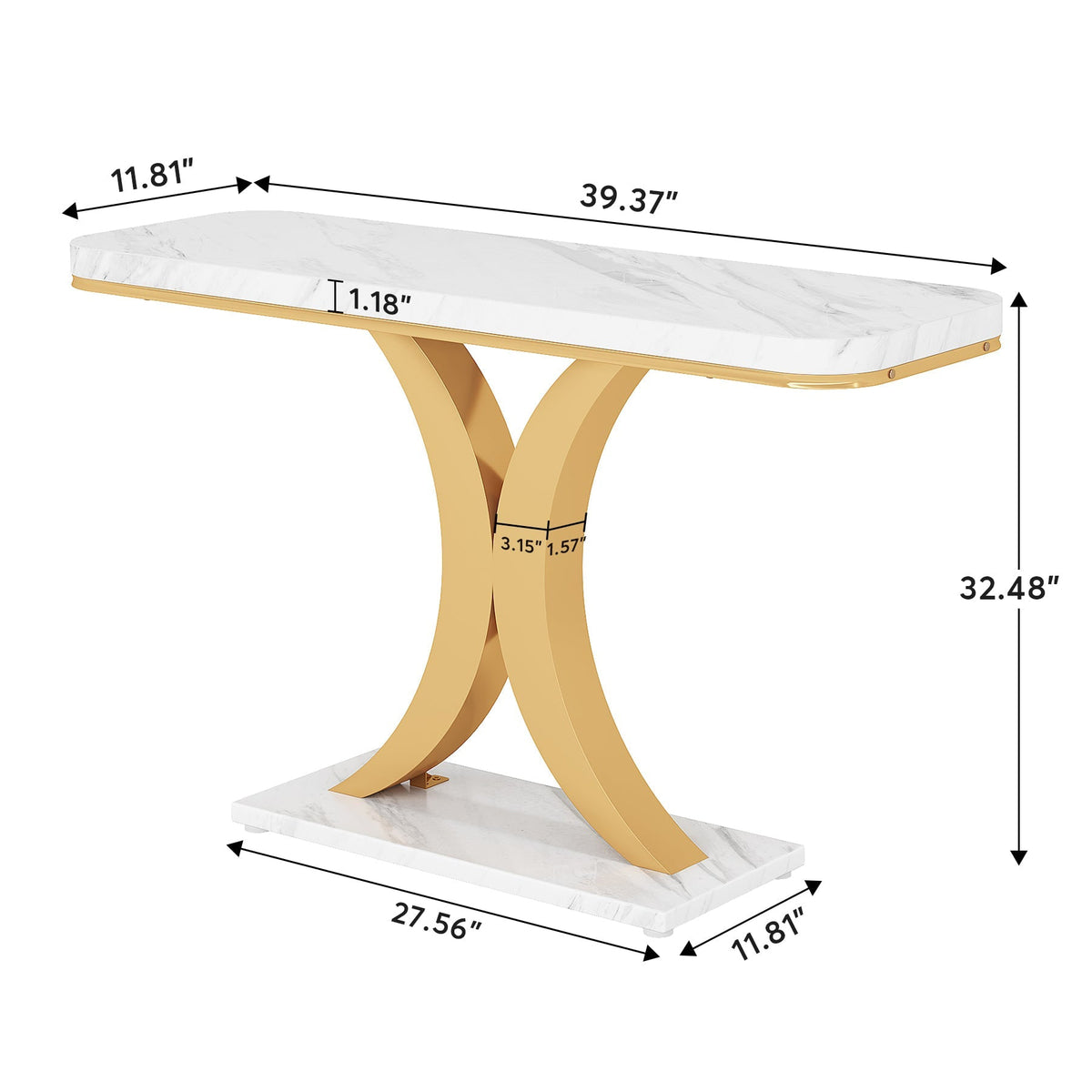 Dimension diagram showing 39.37 by 11.81 by 32.48 inches and the 1.18 inch tabletop