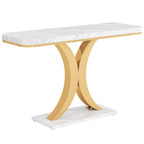 White and gold faux marble console table photographed against a plain background