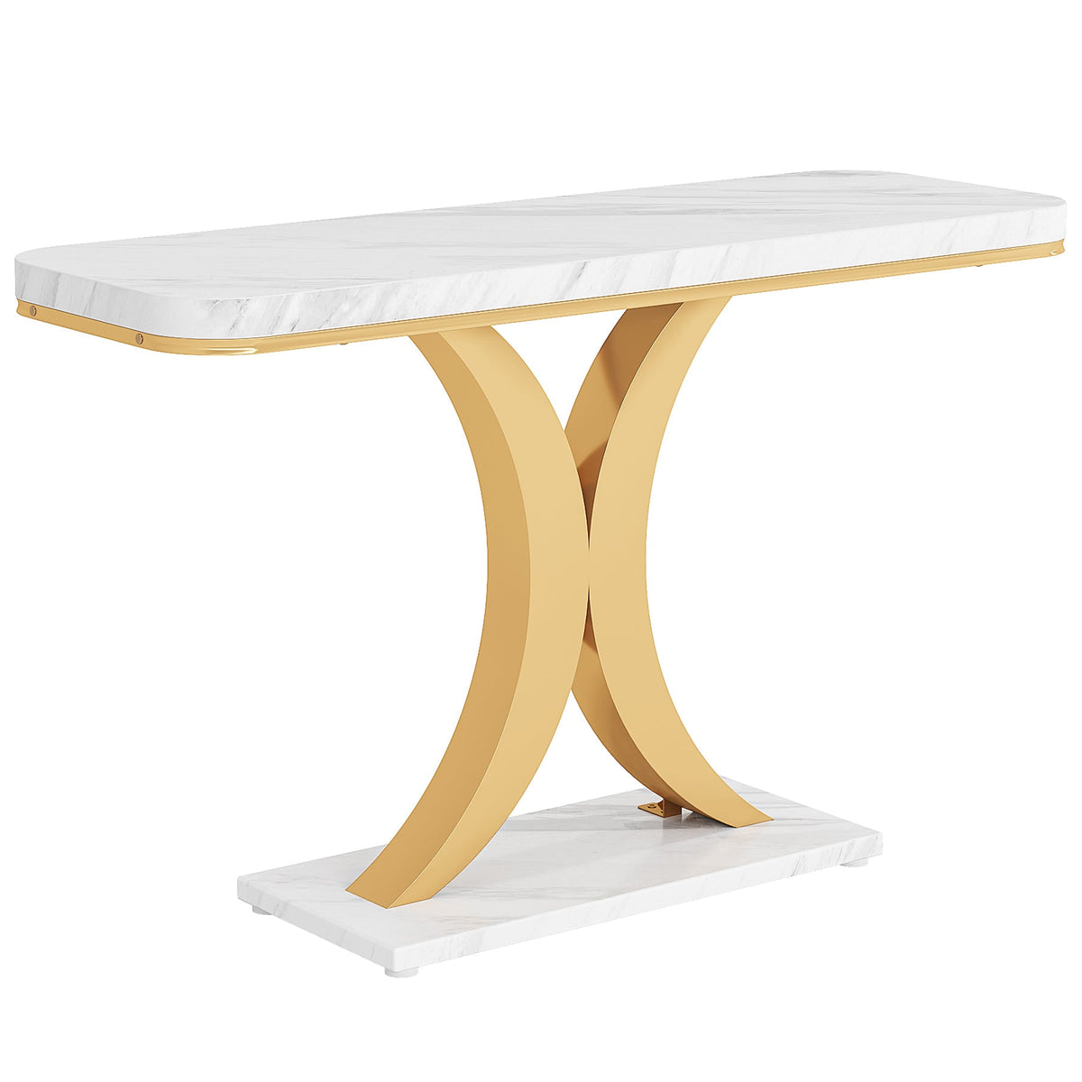 White and gold faux marble console table photographed against a plain background