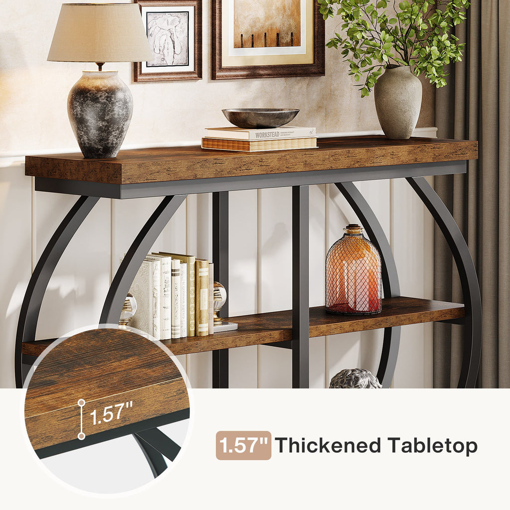 Close view of the 1.57 inch tabletop edge above the arched metal frame