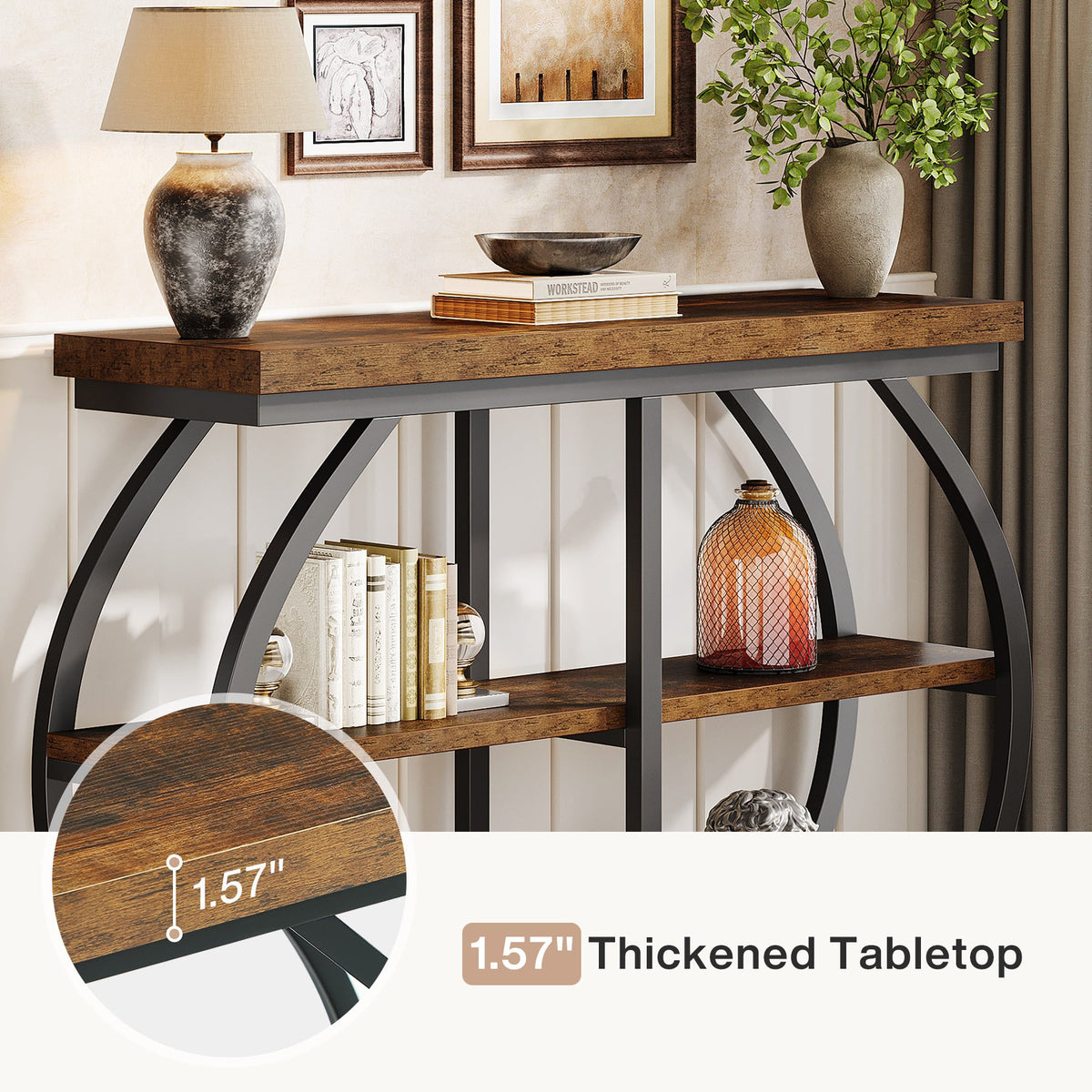 Close view of the 1.57 inch tabletop edge above the arched metal frame