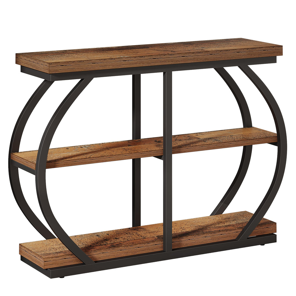 Brown three tier console table photographed against a plain background