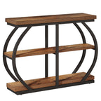 Brown three tier console table photographed against a plain background