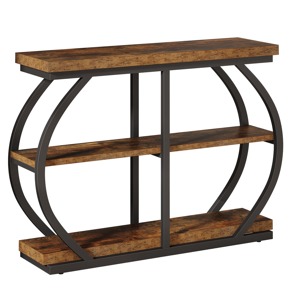 Angled view of the console showing the arched frame and all three shelves empty