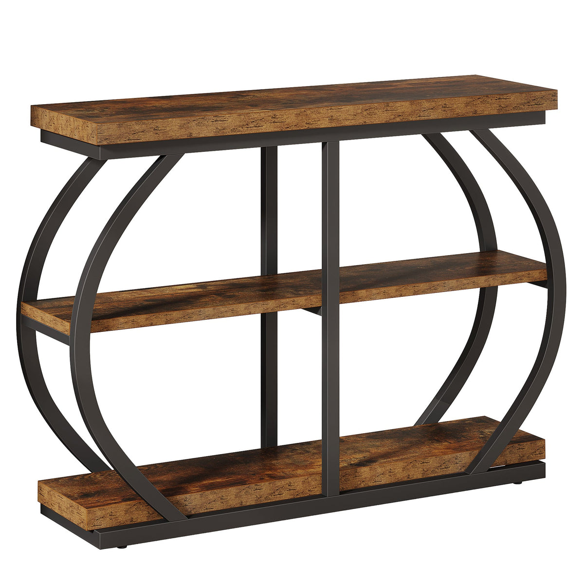 Angled view of the console showing the arched frame and all three shelves empty