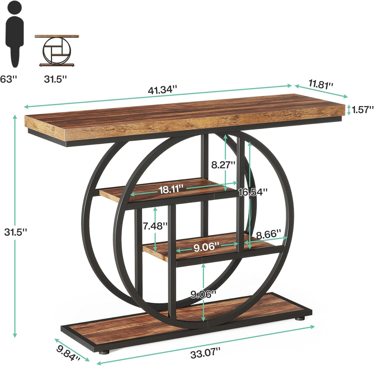 Dimension diagram showing 41.34 by 11.81 by 31.5 inches and both inner shelf widths