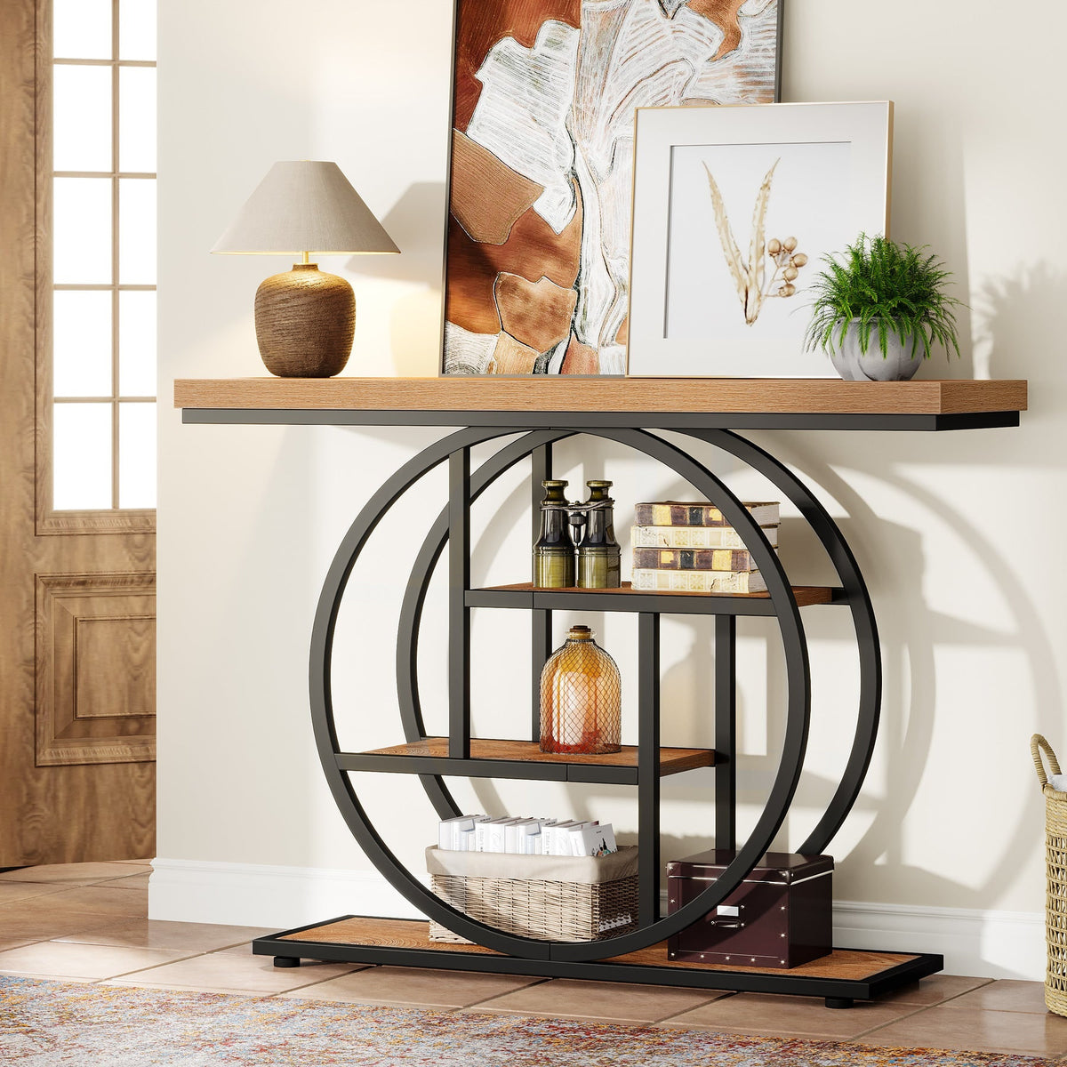 Close view of the two interlocking circles and the staggered shelves inside them