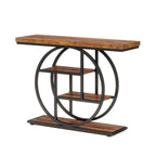 Rustic brown circle base console table photographed against a plain background