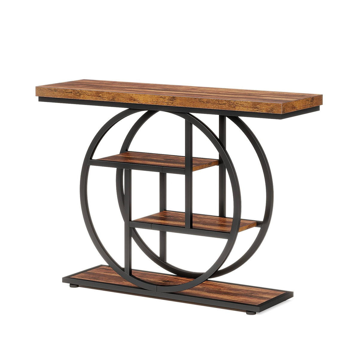 Rustic brown circle base console table photographed against a plain background