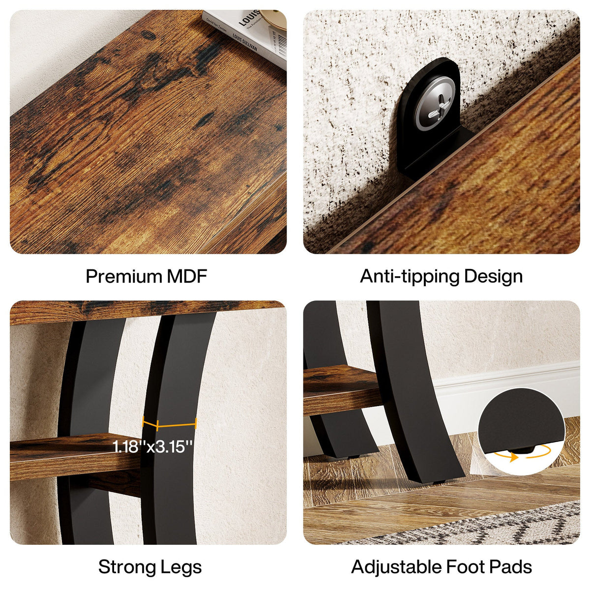Feature grid: premium MDF, anti tipping strap, 1.18 x 3.15 in legs, adjustable foot pads