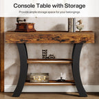 Console table with storage banner showing both shelves styled