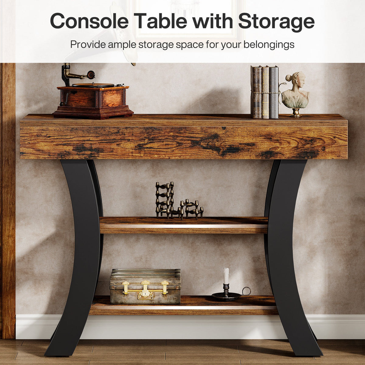 Console table with storage banner showing both shelves styled
