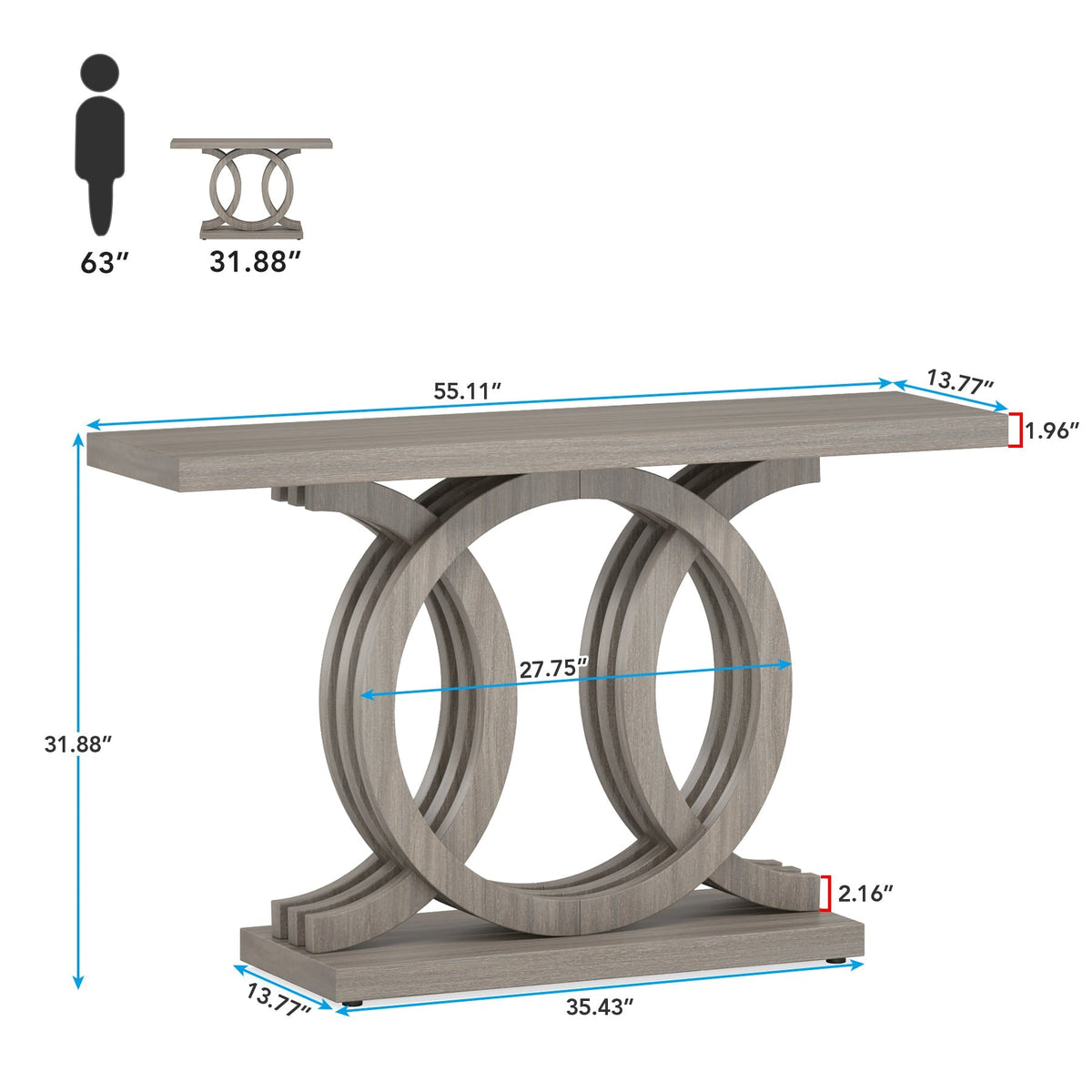Dimension diagram showing 55.11 by 13.77 by 31.88 inches and a 1.96 inch tabletop