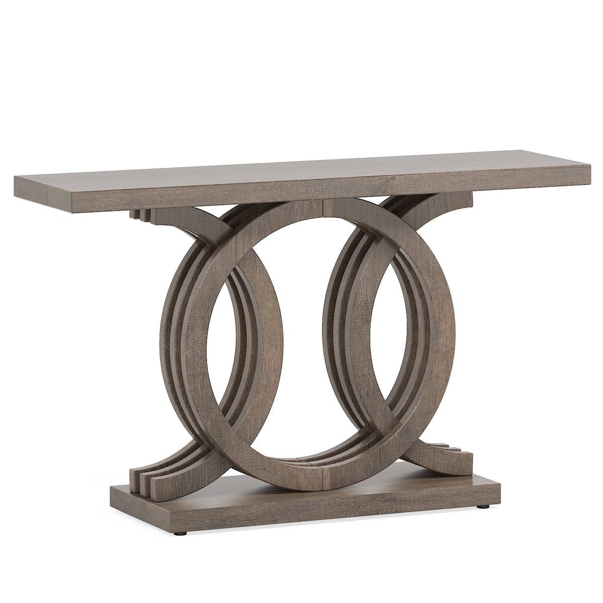 Gray geometric console table photographed against a plain background