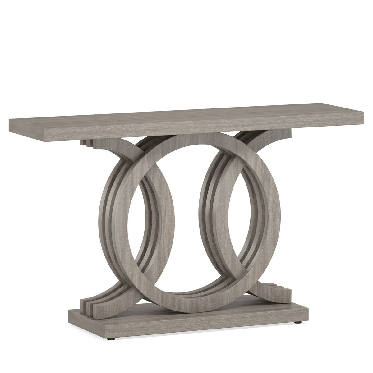 Angled view of the long gray console showing the ring base and the overhanging ends