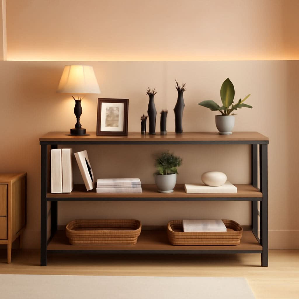 Stowena 55 inch rustic oak console table with three shelves and lamp styling