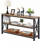 Rustic console table styled with plants, books and baskets