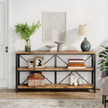 Rustic 55 inch three tier console table along a wall with books, frames and baskets on its shelves