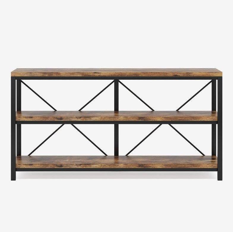 Rustic three tier console photographed against a plain background showing the X braced frame