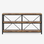 Rustic three tier console photographed against a plain background showing the X braced frame