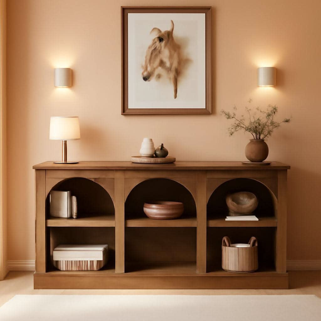 Stowena 63 inch farmhouse console table with arched cutouts in an entryway
