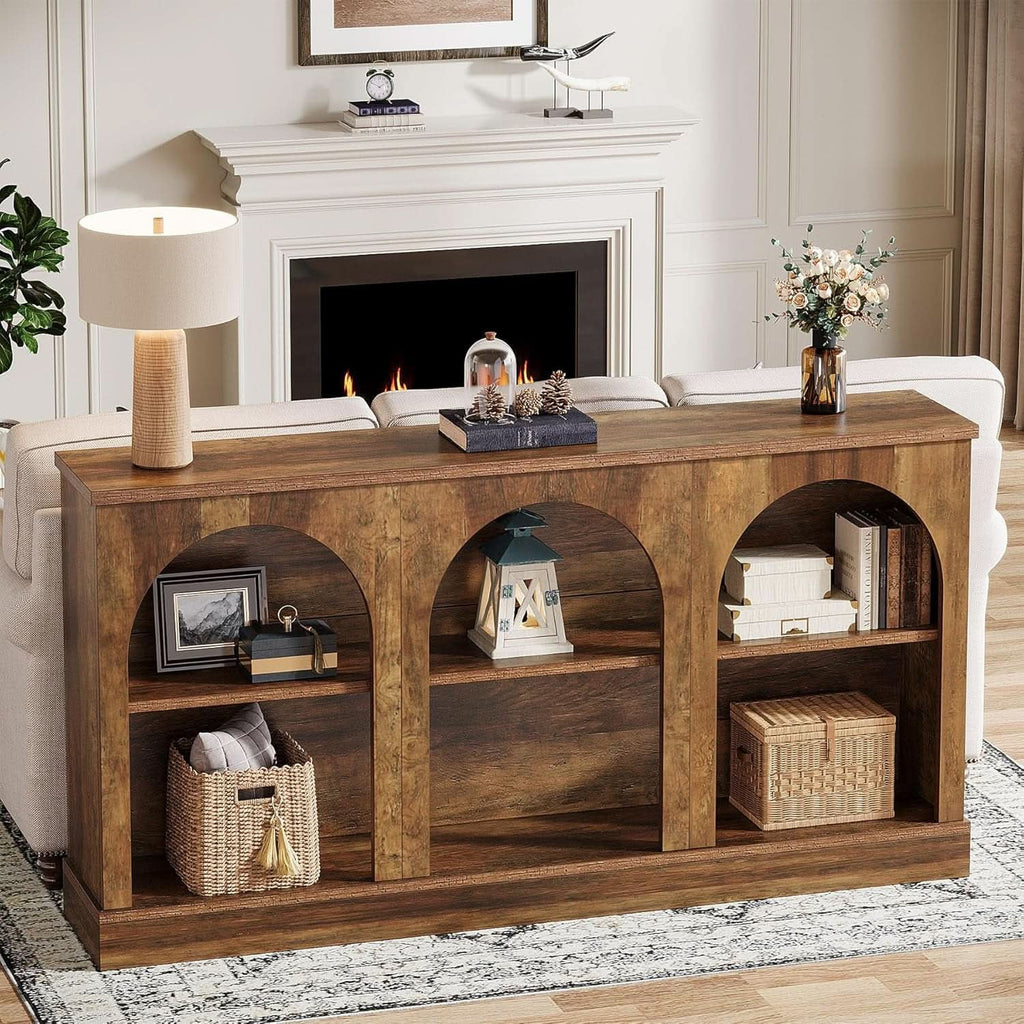 63 inch console table beside a fireplace with decor in the six bays