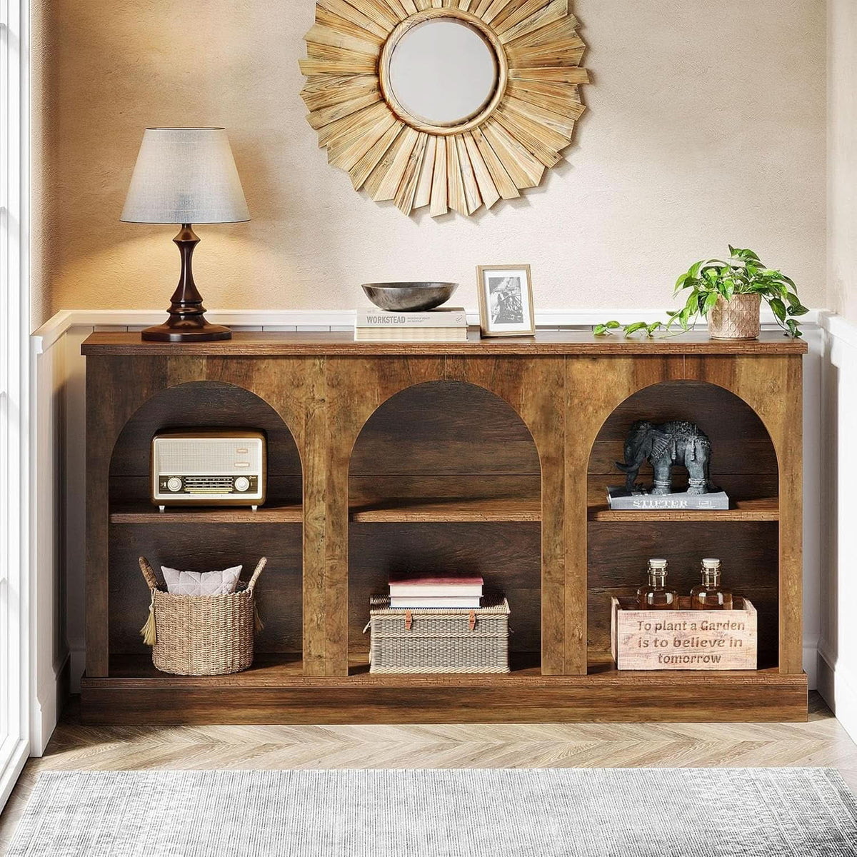 Farmhouse console table styled with a sunburst mirror and lamp
