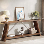 Stowena 70.87 inch rustic brown extra long console table styled against a wall