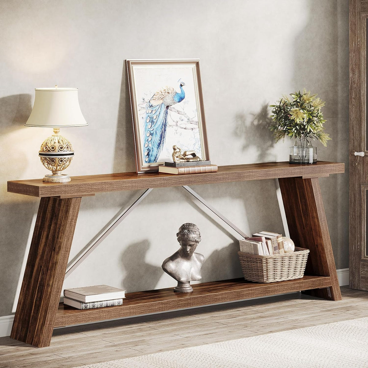 Stowena 70.87 inch rustic brown extra long console table styled against a wall