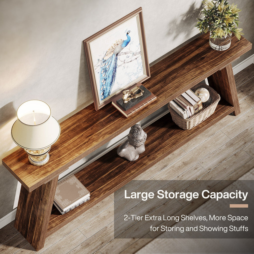 Detail of the 2 tier extra long shelves with storage styling