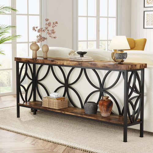 Stowena 70.9 inch rustic brown 2 tier console table with ring pattern frame in a living room